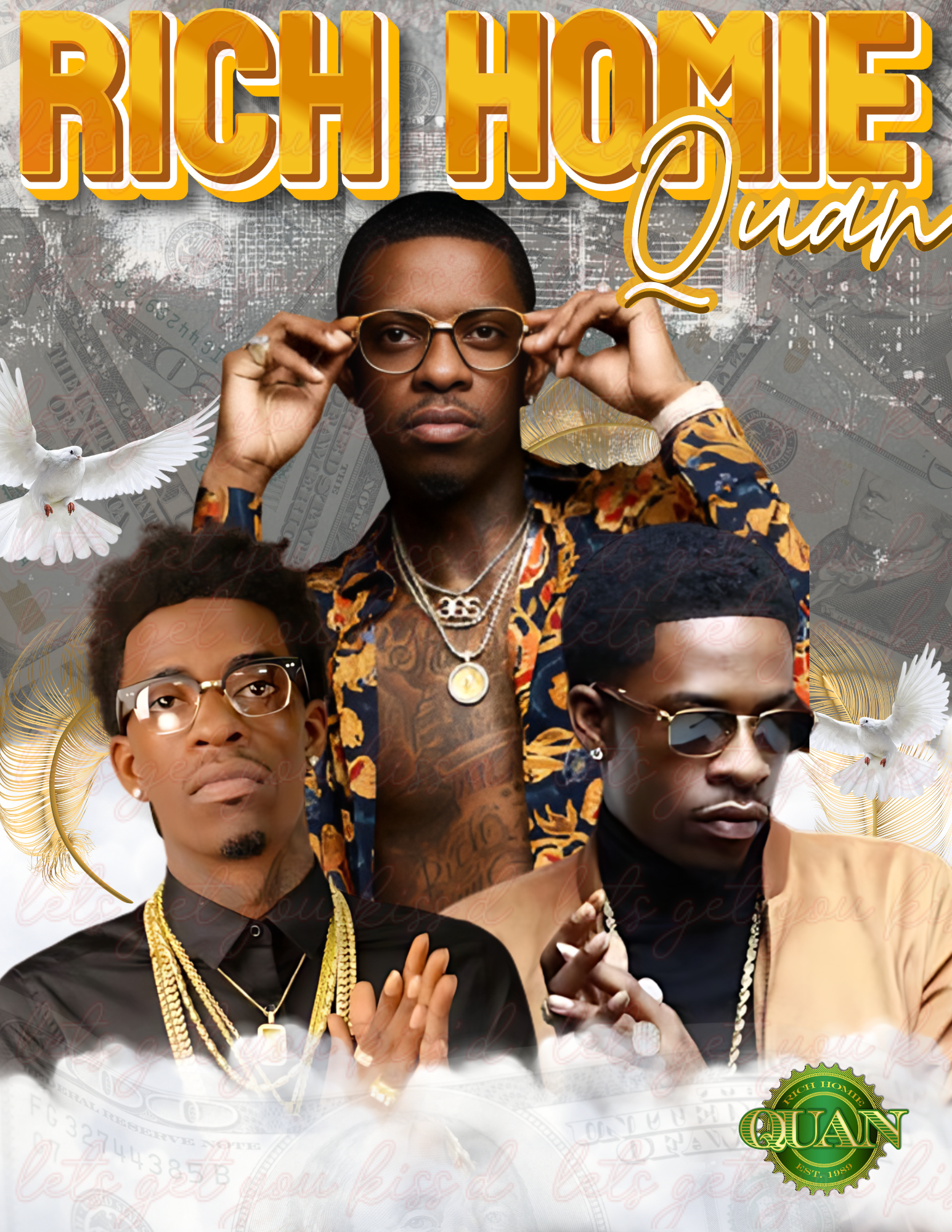 Promotional image for Keep It Sweet & Sassy Designs featuring Rich Homie Quan in three different poses, each clad in a stylish Rich Homie Quan Shirt with gold accessories. The backdrop showcases white doves, floating dollar bills, and artistic text, emphasizing his iconic rap fashion.