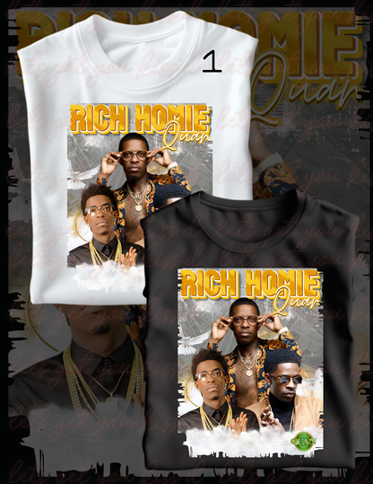 Promotional image for Keep It Sweet & Sassy Designs featuring Rich Homie Quan in three different poses, each clad in a stylish Rich Homie Quan Shirt with gold accessories. The backdrop showcases white doves, floating dollar bills, and artistic text, emphasizing his iconic rap fashion.