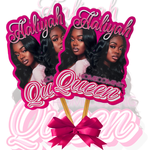 The Homecoming Sign by Keep It Sweet & Sassy Designs features a decorative fan with a photo of Aaliyah, proudly labeled "Homecoming Queen," showcasing school spirit. The image is doubled with vibrant pink borders and bows at the bottom, highlighting a confident headshot of Aaliyah with wavy black hair. This fan is the perfect addition to any homecoming celebration.