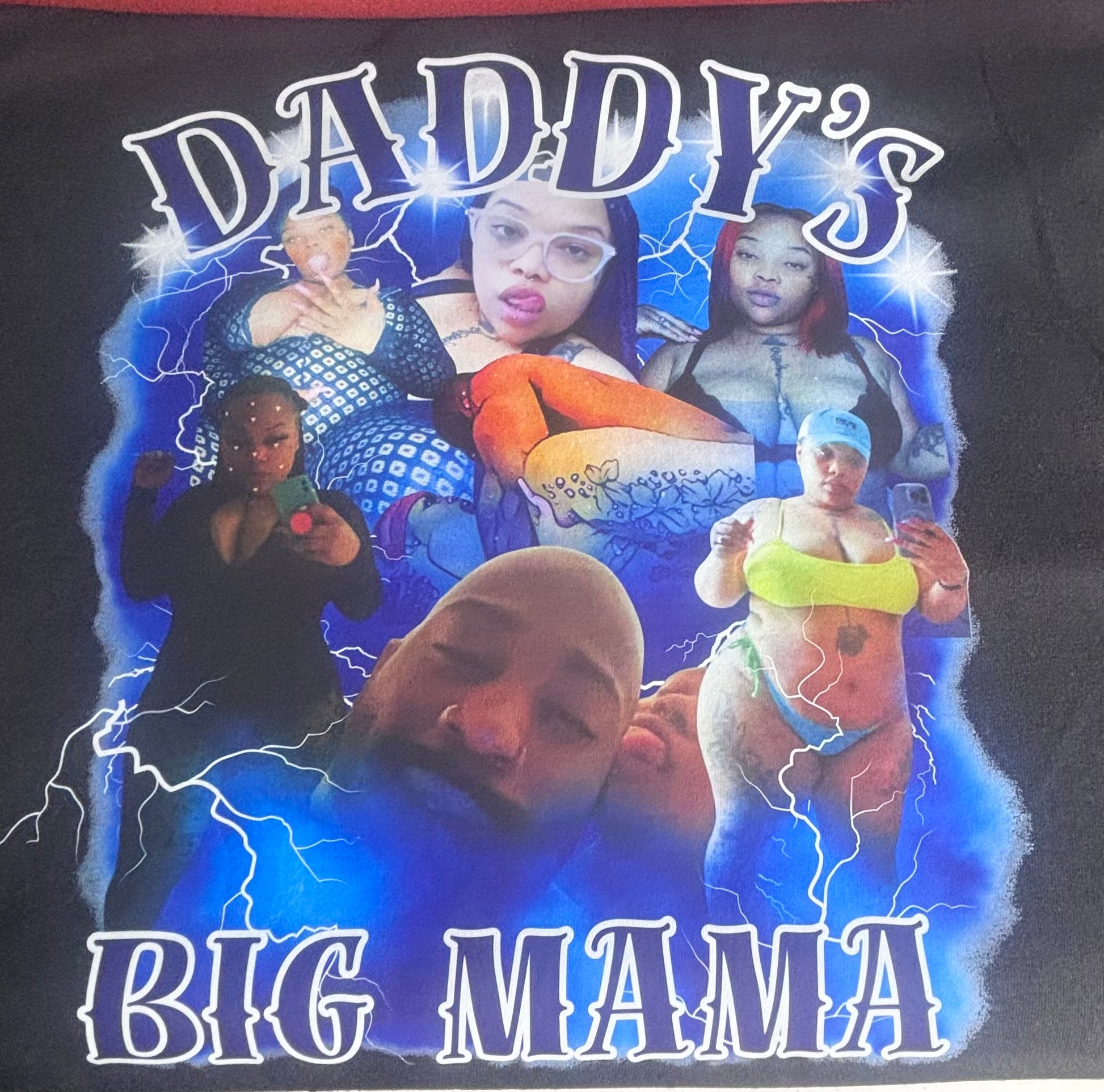 A stylish collage featuring seven photos of a woman and a man against a black background with electric blue lightning, showcasing customizable outfits from Keep It Sweet & Sassy Designs. The text "DADDY'S" appears above, and "BIG MAMA" below, in large stylized letters.