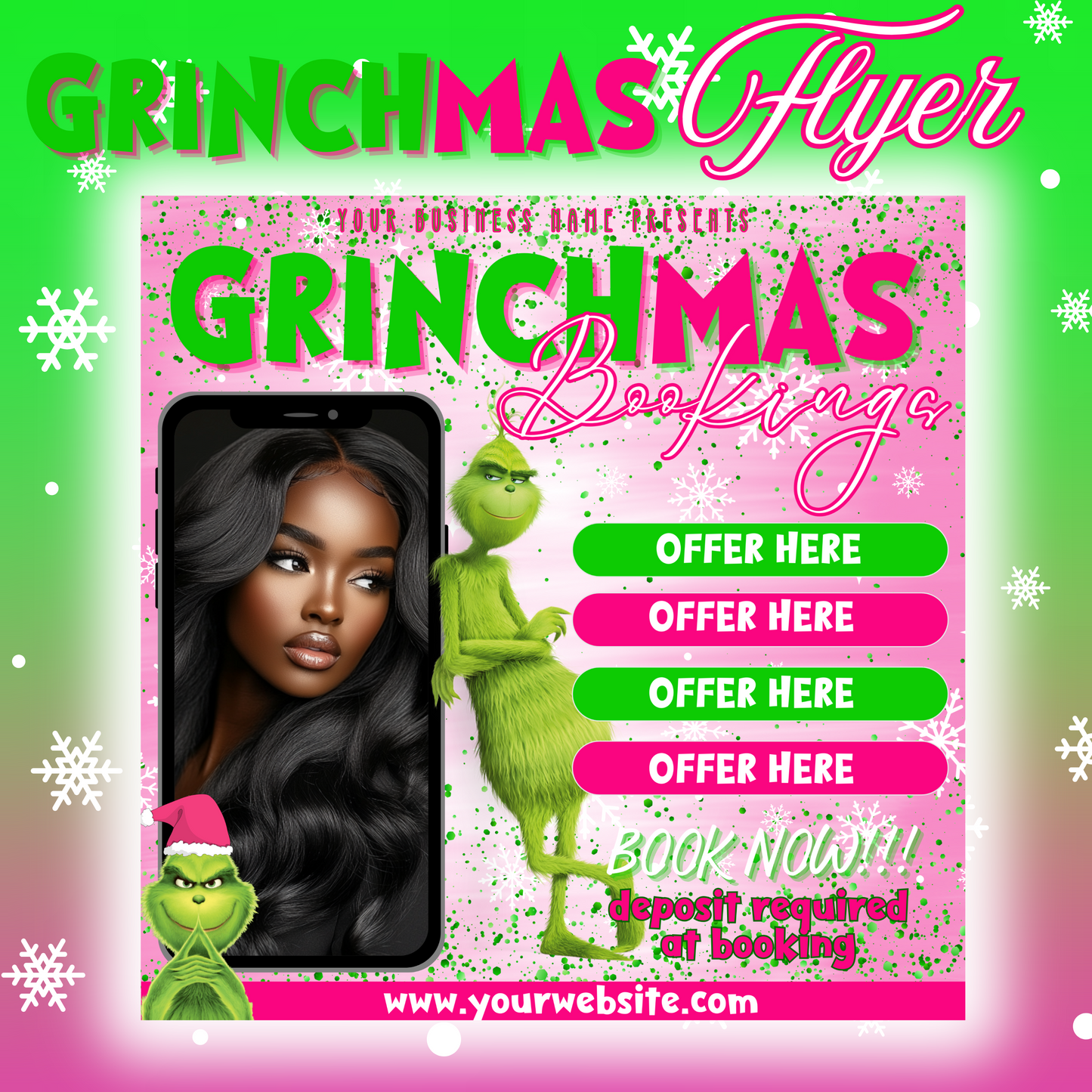 Grinchmas Booking Template - Editable Holiday Flyer for Promotions